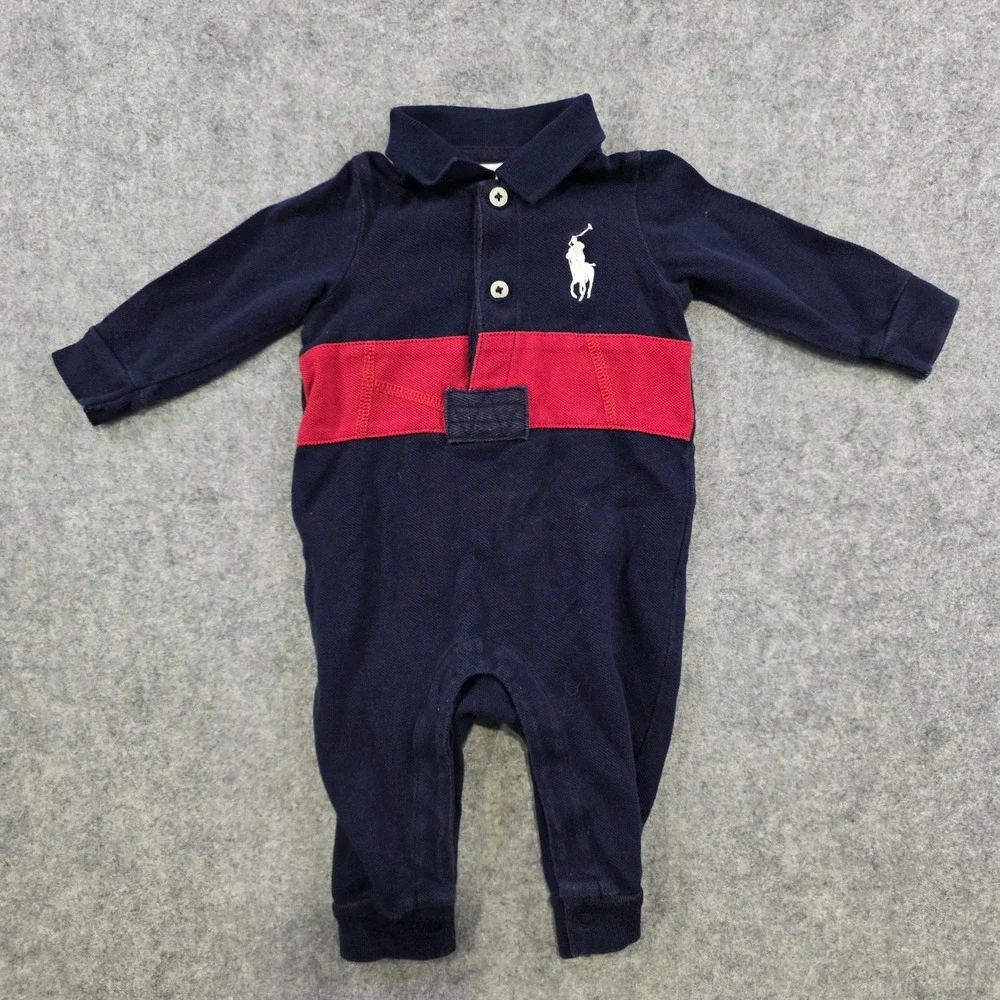 Ralph Lauren Coverall Baby Boys 0-3M Blue Red Polo One Piece Snap Romper
